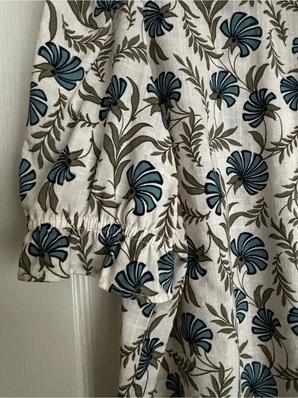 LOFT Cream Blouse with Teal Floral Ruffle Front